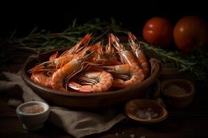 Delicious shrimp in a bowl product photography with natural light. photo