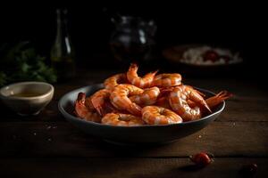 Delicious shrimp in a bowl product photography with natural light. photo