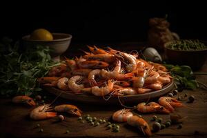 Delicious shrimp in a bowl product photography with natural light. photo