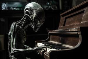 feo y de miedo mirando extraterrestre extraterrestre jugando un piano. ai generado foto