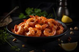 Delicious shrimp in a bowl product photography with natural light. photo