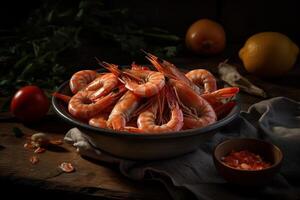 Delicious shrimp in a bowl product photography with natural light. photo