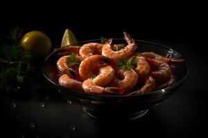 Delicious shrimp in a bowl product photography with natural light. photo