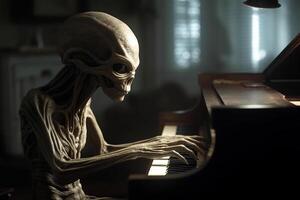 feo y de miedo mirando extraterrestre extraterrestre jugando un piano. ai generado foto