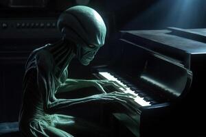 feo y de miedo mirando extraterrestre extraterrestre jugando un piano. ai generado foto