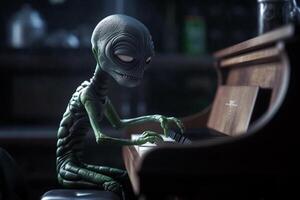 feo y de miedo mirando extraterrestre extraterrestre jugando un piano. ai generado foto