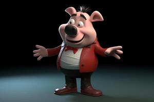 Funny cute little farm pig 3D cartoon character. photo