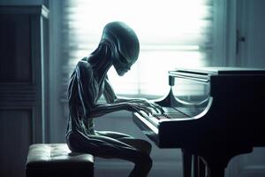 feo y de miedo mirando extraterrestre extraterrestre jugando un piano. ai generado foto