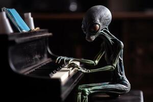 feo y de miedo mirando extraterrestre extraterrestre jugando un piano. ai generado foto