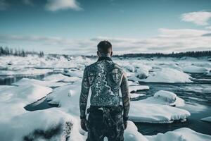 islandés hombre con su espalda cubierto en tatuajes fuera de en congelado invierno. ai generado foto