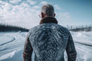 islandés hombre con su espalda cubierto en tatuajes fuera de en congelado invierno. ai generado foto