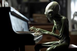feo y de miedo mirando extraterrestre extraterrestre jugando un piano. ai generado foto