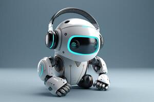 Small futuristic Ai robot listening to music headphones. photo