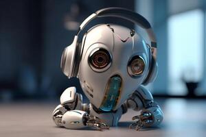 Small futuristic Ai robot listening to music headphones. photo