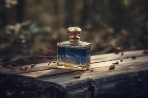 un botella de azul perfume en un al aire libre ajuste sentado en un madera. ai generado foto