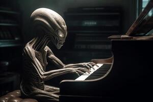 Ugly and scary looking extraterrestrial alien playing a piano. photo