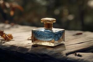 un botella de azul perfume en un al aire libre ajuste sentado en un madera. ai generado foto