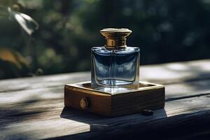 A bottle of blue perfume in an outdoor setting sitting on a wood. photo