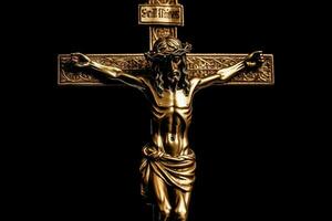 dorado cruzar de Jesús Cristo crucificado. religión y cristiandad concepto. ai generado foto
