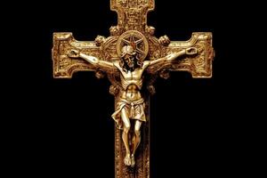 Golden cross of Jesus Christ crucified. Religion and Christianity concept. photo