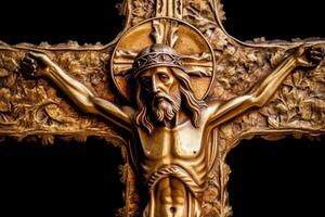 Golden cross of Jesus Christ crucified. Religion and Christianity concept. photo