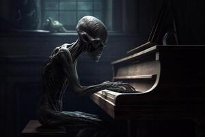 Ugly and scary looking extraterrestrial alien playing a piano. photo