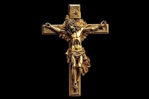 Golden cross of Jesus Christ crucified. Religion and Christianity concept. photo