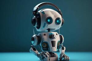 Small futuristic Ai robot listening to music headphones. photo