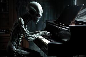 Ugly and scary looking extraterrestrial alien playing a piano. photo