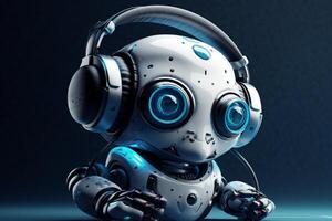 Small futuristic Ai robot listening to music headphones. photo