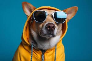 Cool and funny dog in a yellow hoodie with sunglasses isolated on a blue background. photo