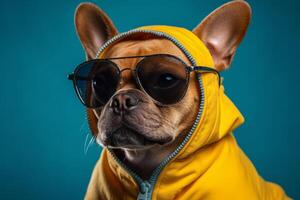 Cool and funny dog in a yellow hoodie with sunglasses isolated on a blue background. photo