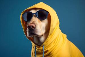 Cool and funny dog in a yellow hoodie with sunglasses isolated on a blue background. Ai generated photo