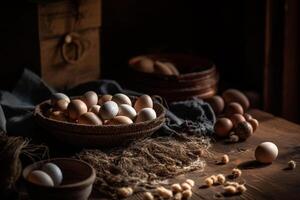 Raw eggs product photography arrangement with natural light. photo