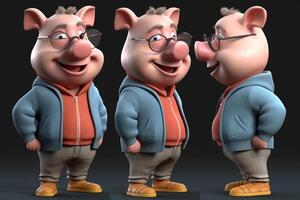 Funny cute little farm pig 3D cartoon character. photo