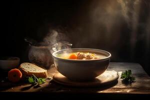 Hot delicious chicken soup product photography with natural lighting. photo