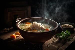 Hot delicious chicken soup product photography with natural lighting. photo