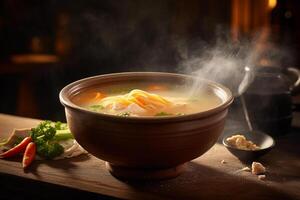Hot delicious chicken soup product photography with natural lighting. photo