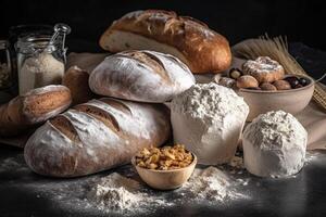 Bread with lour product photography arrangement. photo