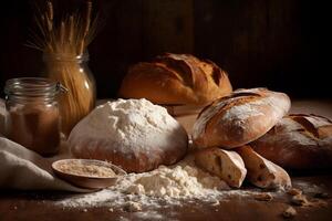 Bread with lour product photography arrangement. photo