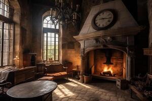 Cozy fireplace in a room in a medieval gothic castle. photo