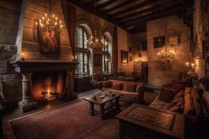 Cozy fireplace in a room in a medieval gothic castle. photo