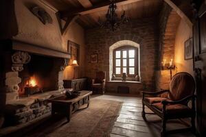 Cozy fireplace in a room in a medieval gothic castle. photo