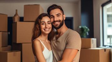 joven contento Pareja en habitación con Moviente cajas en nuevo hogar. ilustración ai generativo foto