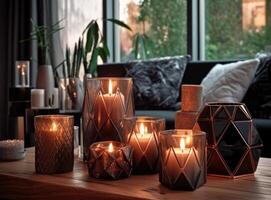 Group of candles on a table in a living room, Illustration photo