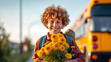 Schoolboy goes to school with a bouquet of flowers. Illustration photo