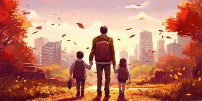 Back to school. View from the back of a happy dad escorts his sons schoolchildren to school. Illustration photo