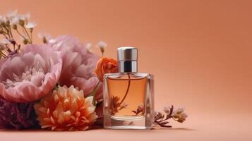 Bottle of perfume with flowers. Illustration photo