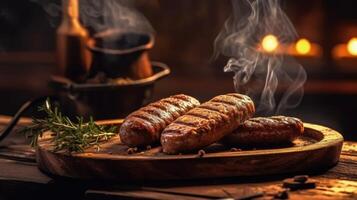 Grilled sausages on a wooden board Illustration photo