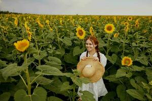 woman portrait in a straw hat in a white dress a field of sunflowers agriculture unaltered photo